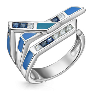 Кольцо из белого золота с сапфирами, бриллиантами, эмалью
