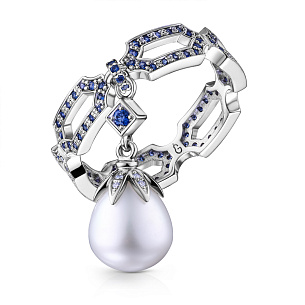 Кольцо из белого золота с бриллиантами, сапфирами и жемчугом