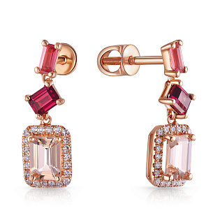 Серьги Пусеты из красного золота с морганитами, турмалинами, родолитами и бриллиантами