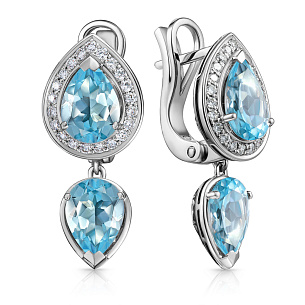 Серьги с английским замком из белого золота с бриллиантами и топазом