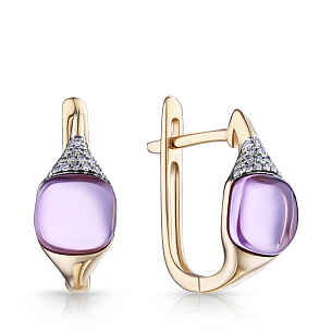 Серьги с английским замком из желтого золота с аметистами и бриллиантами