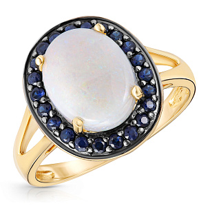 Кольцо из желтого золота с сапфирами, опал