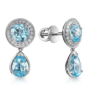 Пусеты из белого золота с бриллиантами и топазом