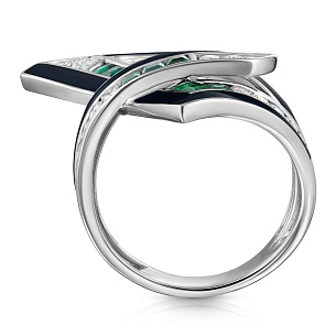 Кольцо из белого золота с эмалью, изумрудами, бриллиантами