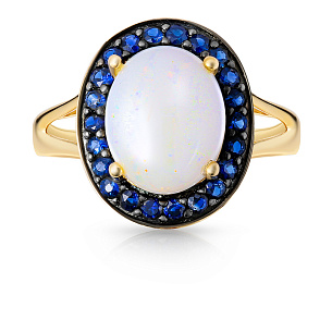 Кольцо из желтого золота с сапфирами, опал