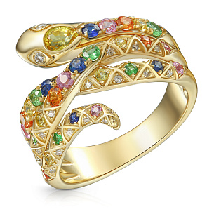 Кольцо из желтого золота с бриллиантами, сапфирами, цаворитом