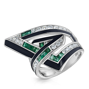 Кольцо из белого золота с эмалью, изумрудами, бриллиантами