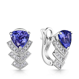 Серьги с английским замком из белого золота с бриллиантами и танзанитами