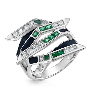 Кольцо из белого золота с бриллиантами, изумрудами, эмалью