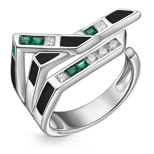 Кольцо из белого золота с изумрудами, эмалью, бриллиантами