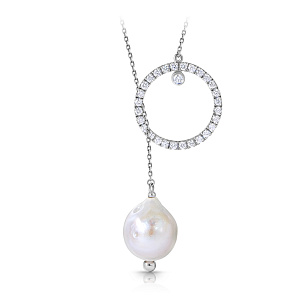 Колье из белого золота с бриллиантами, жемчугом, плетение якорное