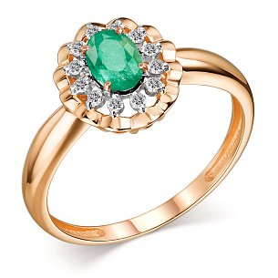 Кольцо из красного золота с изумрудом, бриллиантами