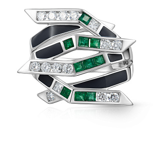 Кольцо из белого золота с бриллиантами, изумрудами, эмалью