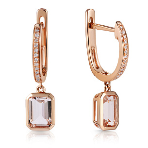 Серьги с английским замком из красного золота с бриллиантами и морганитами