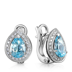 Серьги с английским замком из белого золота с топазами и бриллиантами