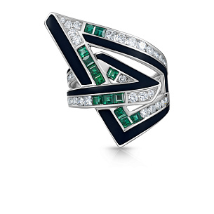 Кольцо из белого золота с эмалью, изумрудами, бриллиантами