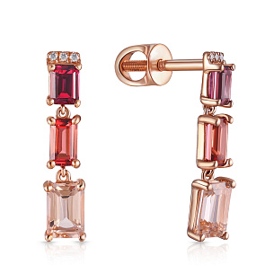 Серьги Пусеты из красного золота с турмалинами, родолитами, морганитами и бриллиантами