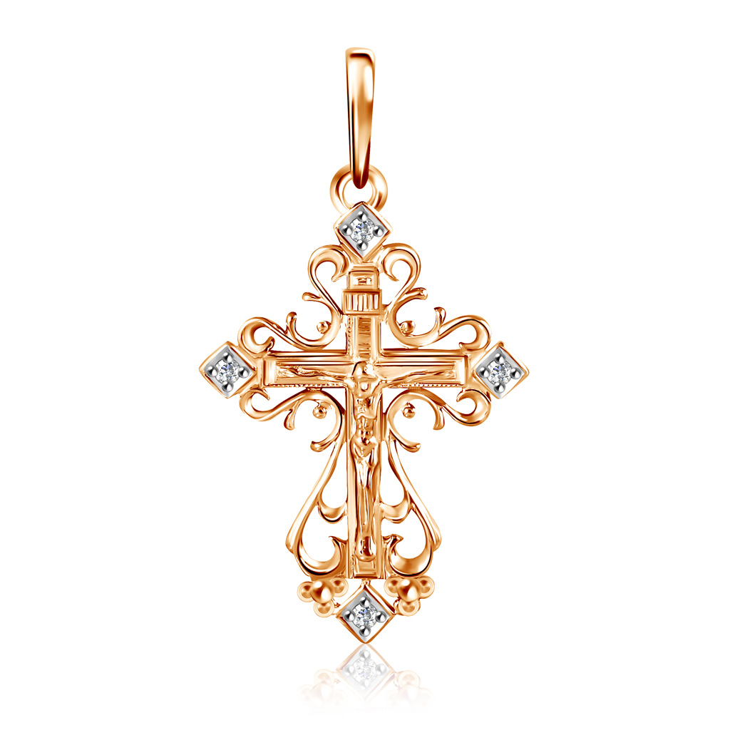 Крест ручной работы с бриллиантами из красного золота пирсинг из красного золота с фианитом 585gold 608000050