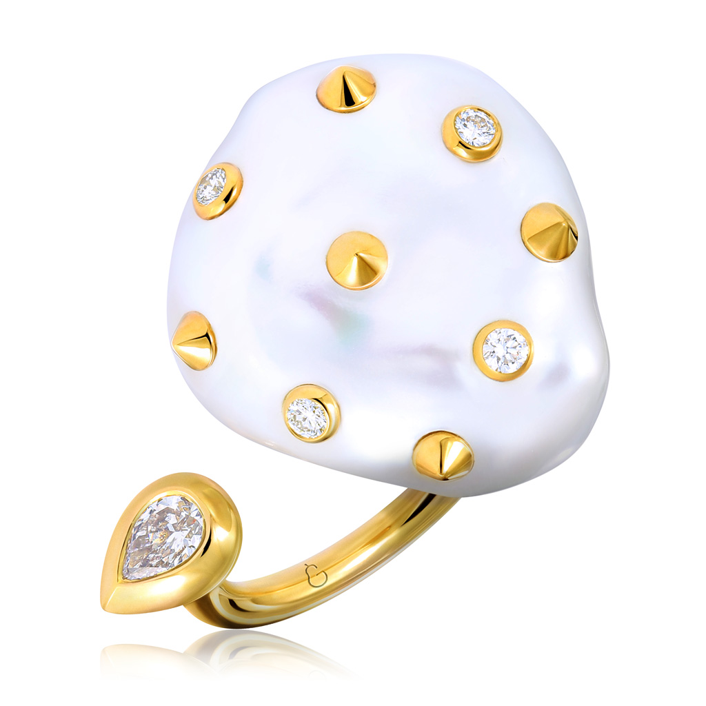 Кольцо из жёлтого золота с барочным жемчугом декор для творчества металл тиара с жемчугом страза 3 5х6 см