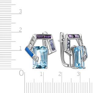Серьги с английским замком из белого золота с бриллиантами, аметистом, топазом, танзанитом, эмалью