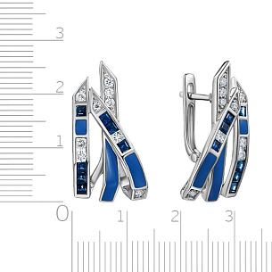 Серьги с английским замком из белого золота с бриллиантами, сапфирами, эмалью